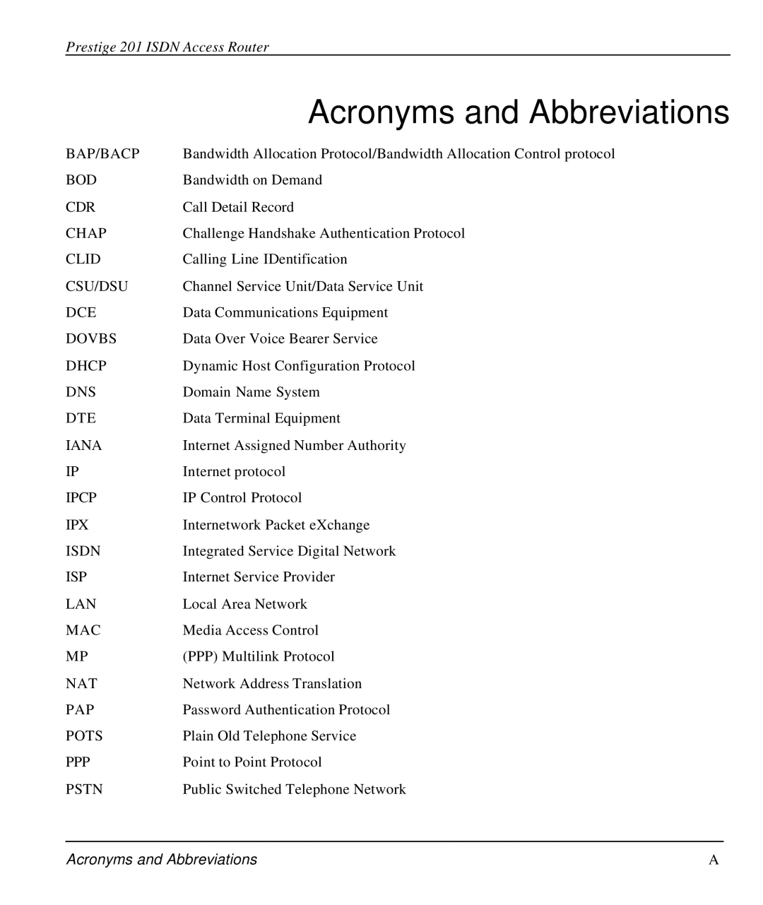 ZyXEL Communications P-202 manual Acronyms and Abbreviations 