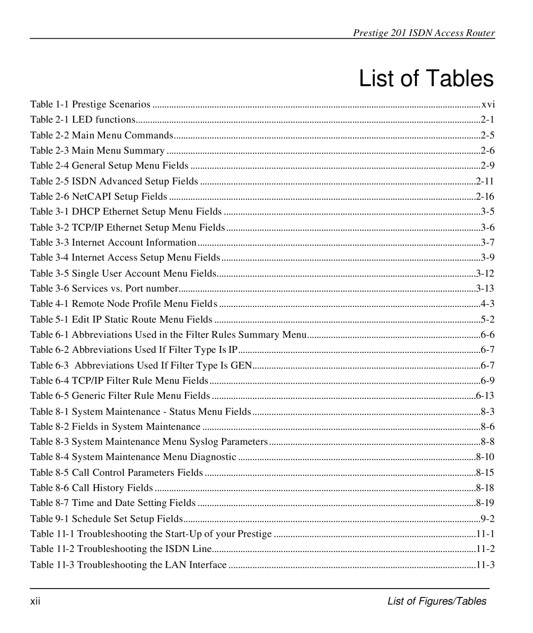 ZyXEL Communications P-202 manual List of Tables, Xii 