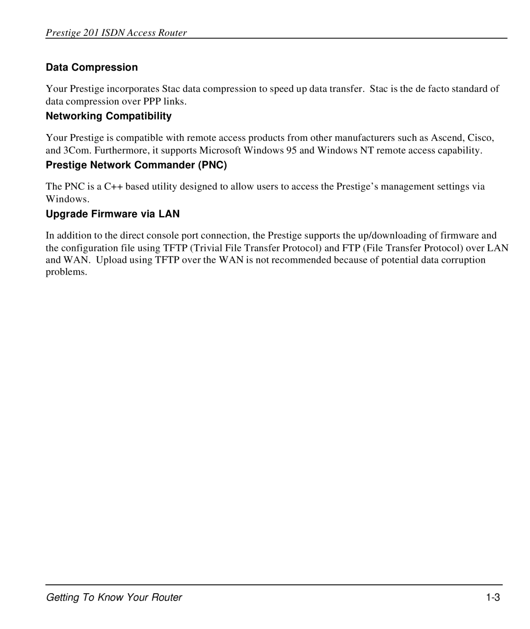 ZyXEL Communications P-202 manual Data Compression, Networking Compatibility, Prestige Network Commander PNC 