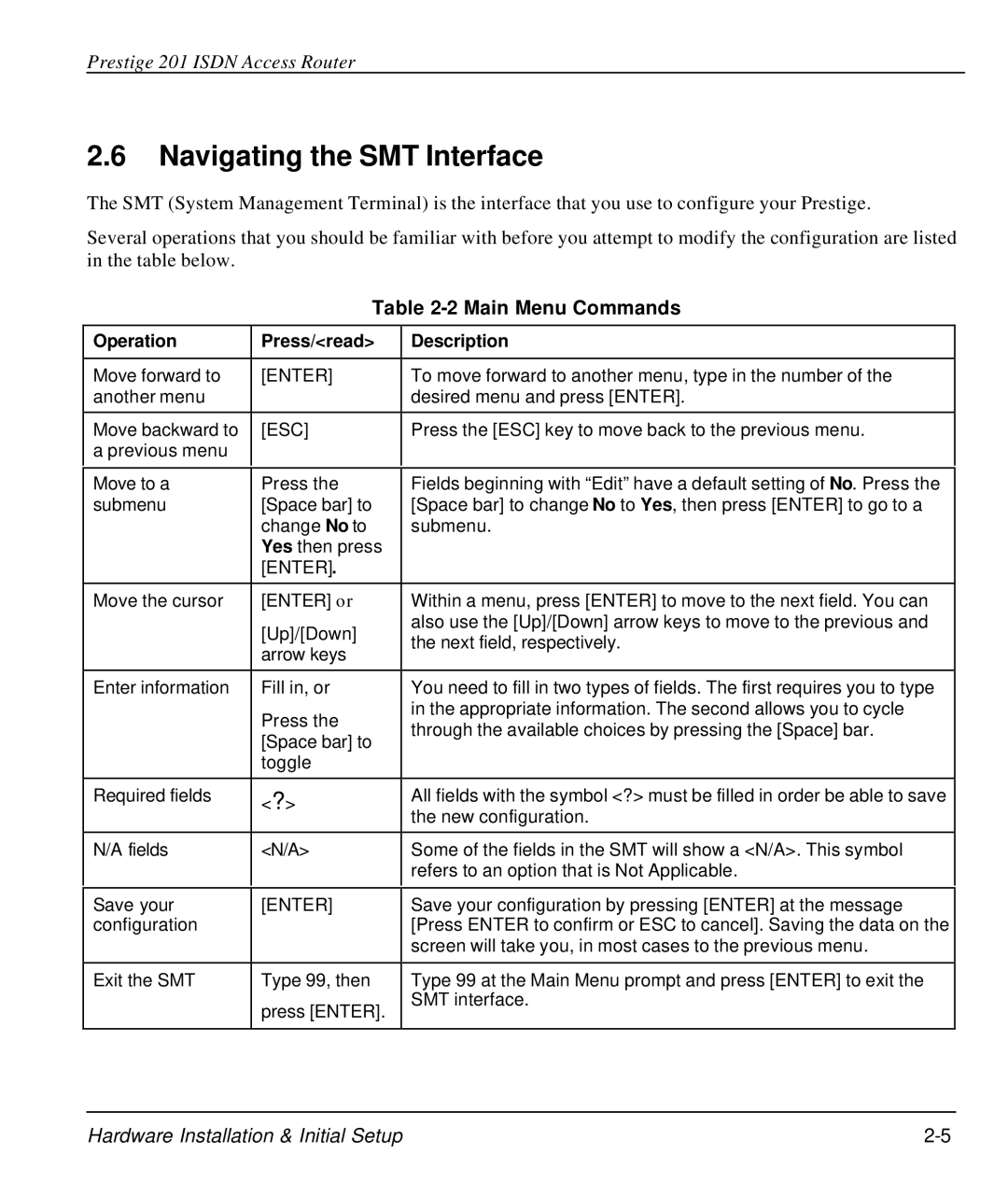 ZyXEL Communications P-202 manual Navigating the SMT Interface, Main Menu Commands, Operation Press/read Description 