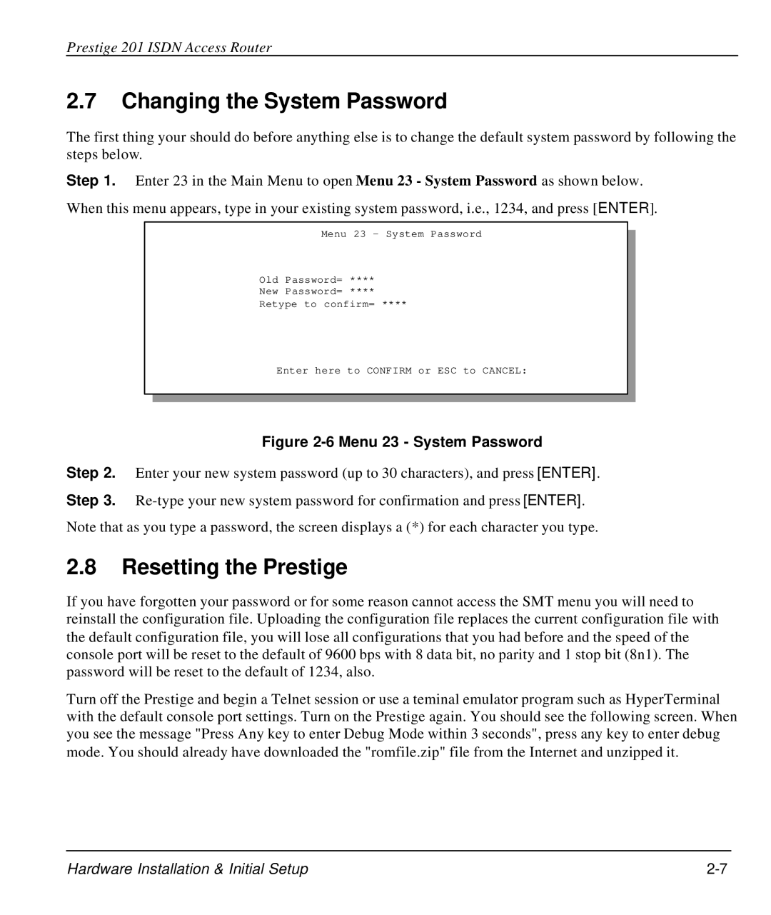 ZyXEL Communications P-202 manual Changing the System Password, Resetting the Prestige 