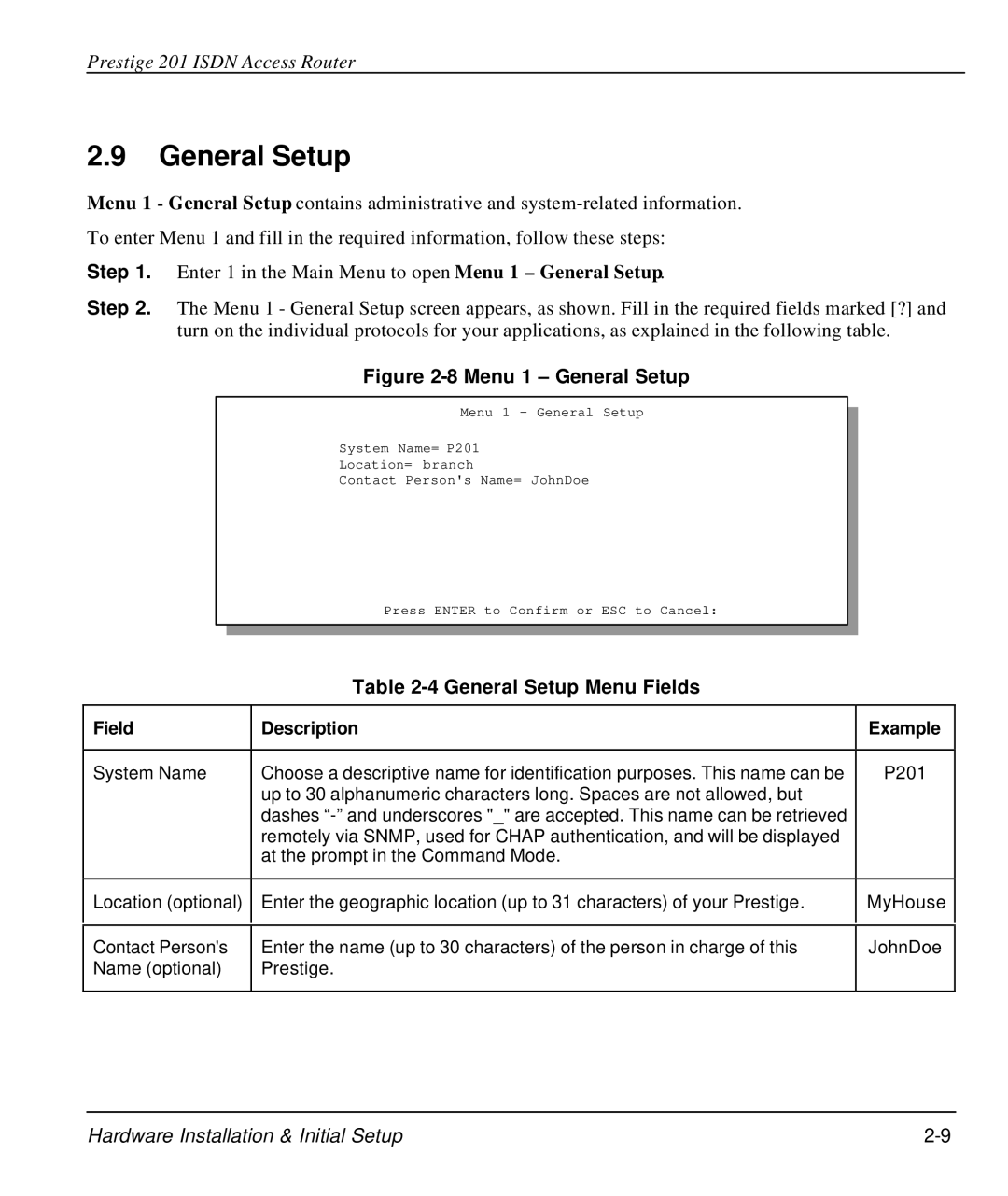 ZyXEL Communications P-202 manual General Setup Menu Fields, Field Description Example 