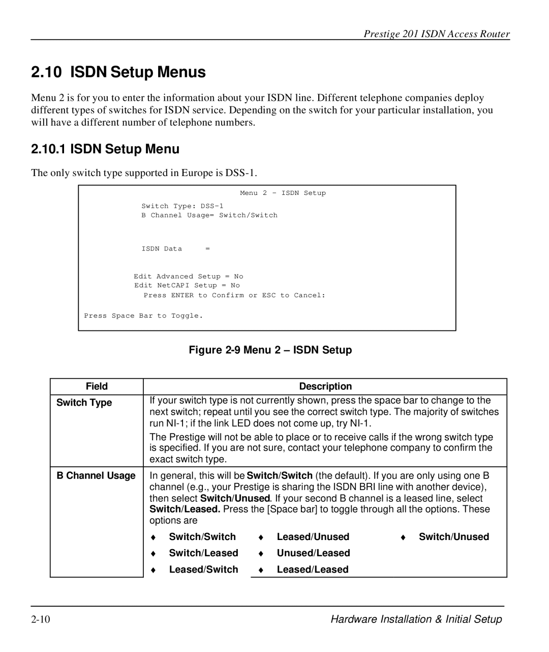 ZyXEL Communications P-202 manual Isdn Setup Menus, Field Description Switch Type, Channel Usage 