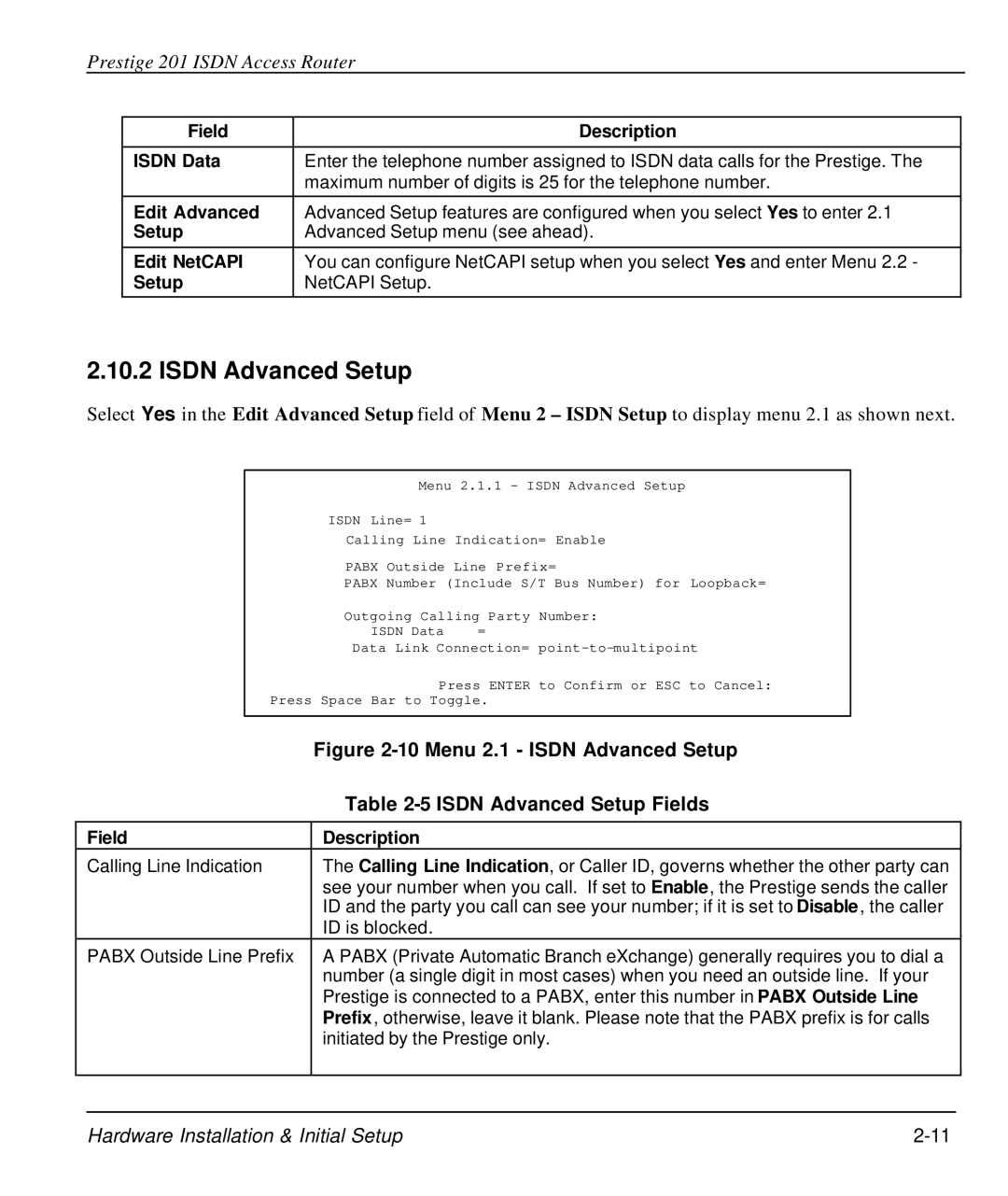 ZyXEL Communications P-202 manual Isdn Advanced Setup Fields, Field Description 