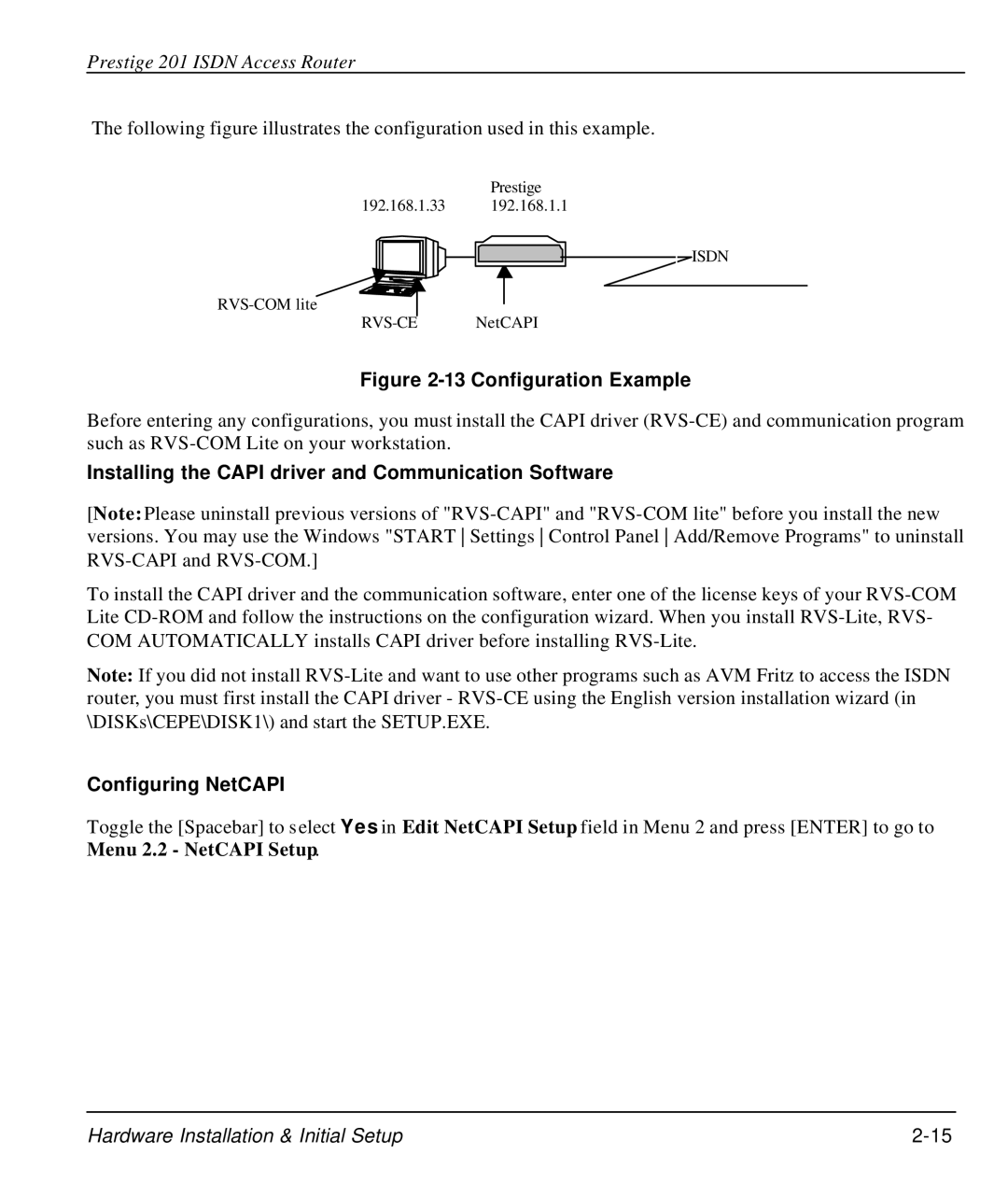 ZyXEL Communications P-202 manual Installing the Capi driver and Communication Software, Configuring NetCAPI 