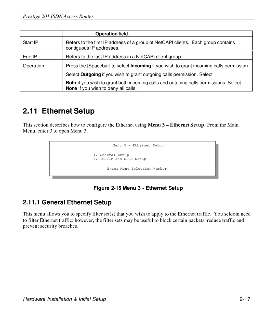 ZyXEL Communications P-202 manual General Ethernet Setup, Operation field 