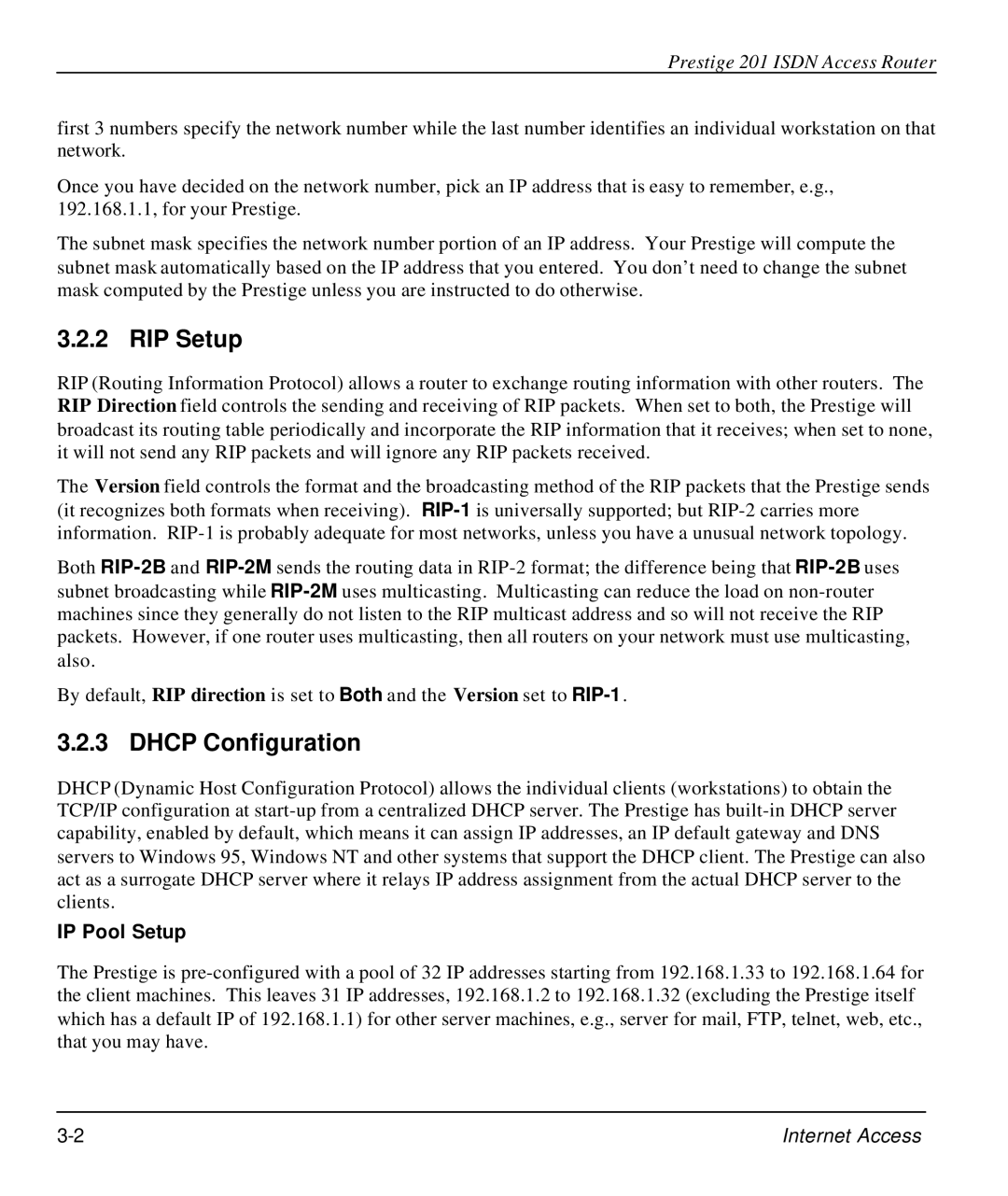 ZyXEL Communications P-202 manual RIP Setup, Dhcp Configuration, IP Pool Setup 