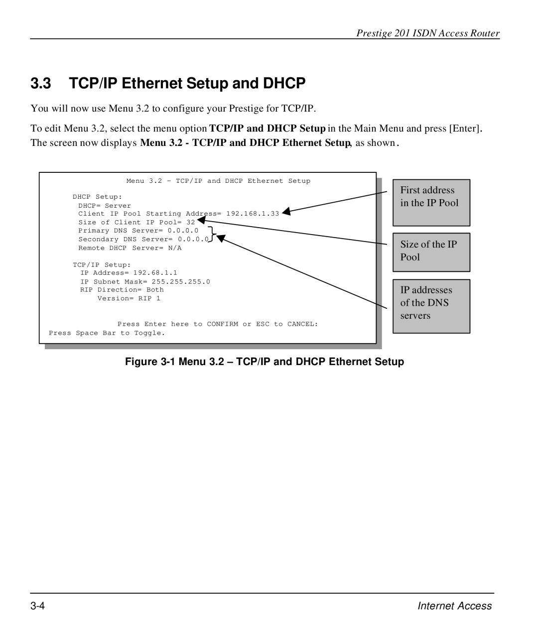 ZyXEL Communications P-202 manual TCP/IP Ethernet Setup and Dhcp, Menu 3.2 TCP/IP and Dhcp Ethernet Setup 