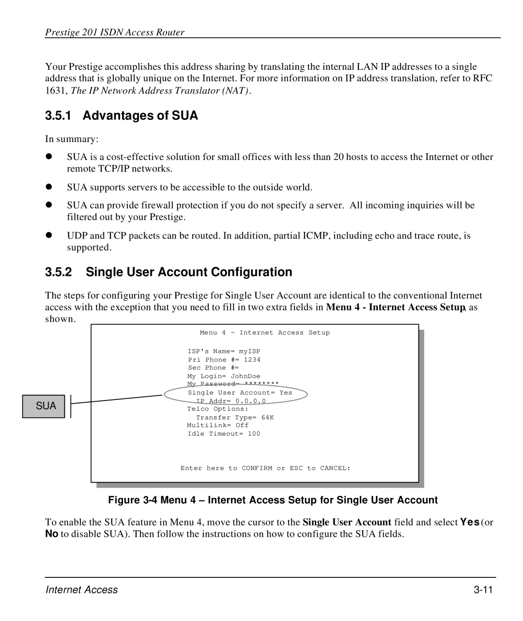 ZyXEL Communications P-202 manual Advantages of SUA, Single User Account Configuration 