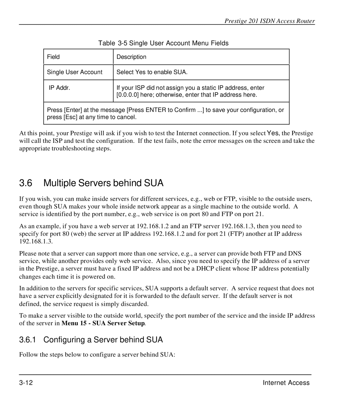 ZyXEL Communications P-202 Multiple Servers behind SUA, Configuring a Server behind SUA, Single User Account Menu Fields 