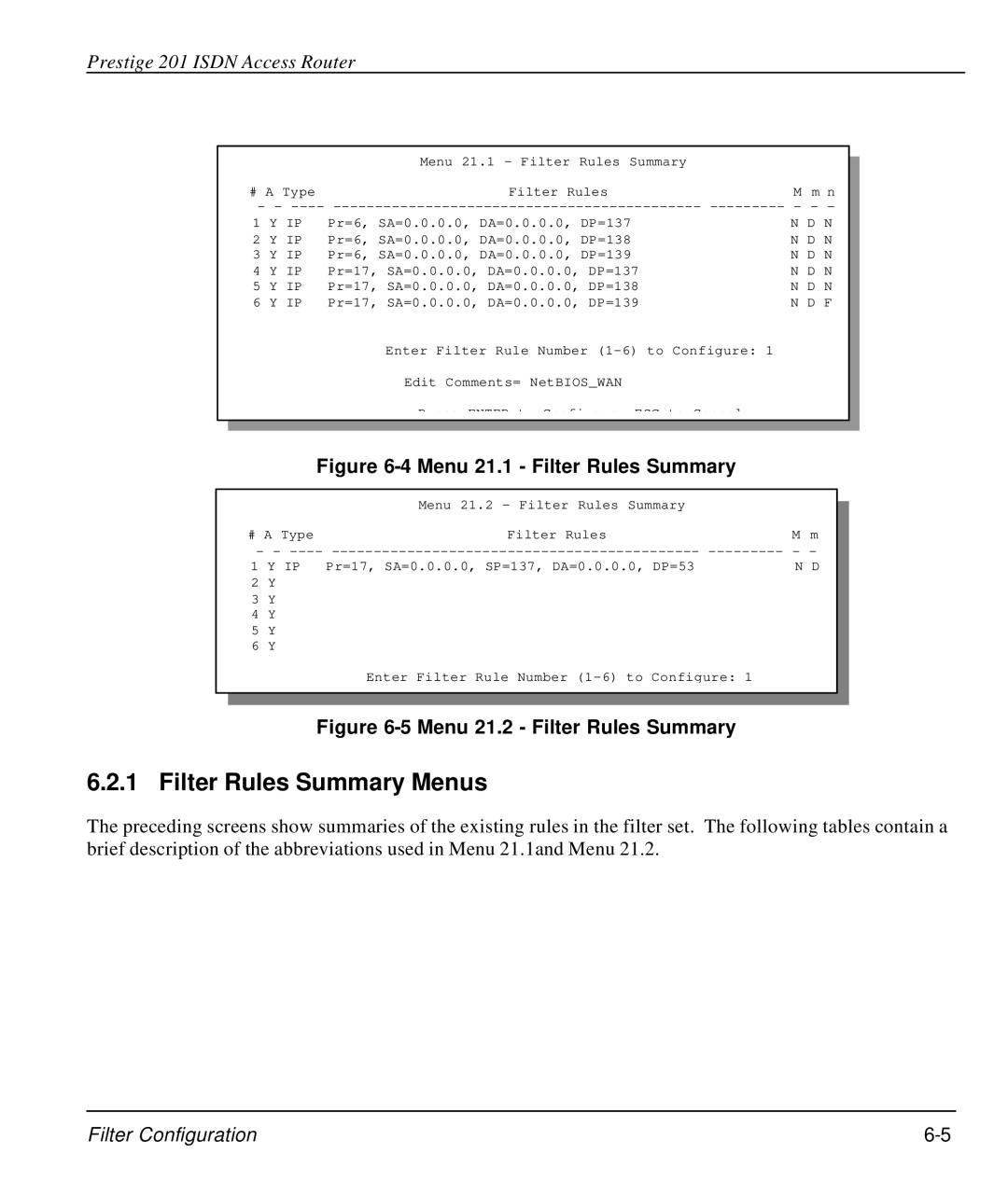 ZyXEL Communications P-202 manual Filter Rules Summary Menus, Menu 21.1 Filter Rules Summary 