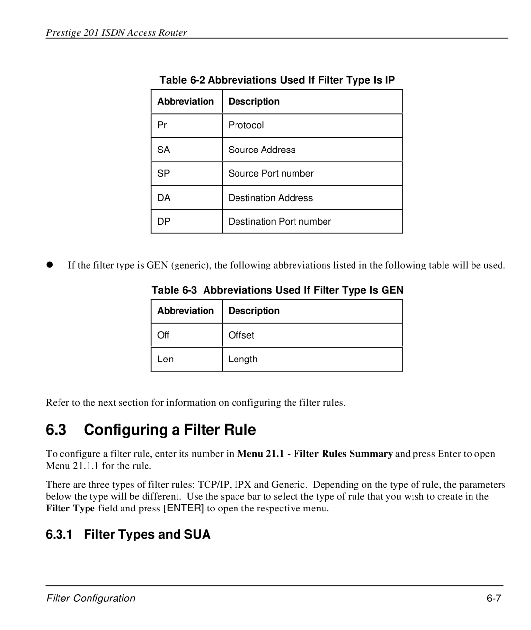 ZyXEL Communications P-202 manual Configuring a Filter Rule, Filter Types and SUA, Abbreviations Used If Filter Type Is IP 