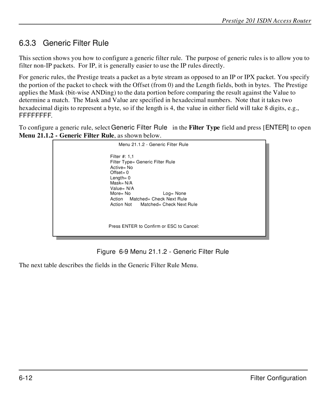 ZyXEL Communications P-202 manual Menu 21.1.2 Generic Filter Rule 