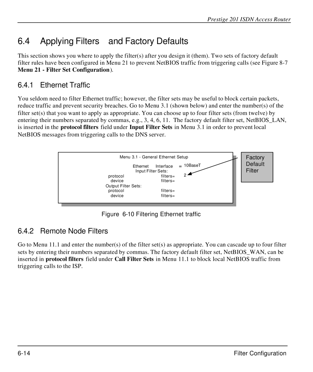 ZyXEL Communications P-202 manual Applying Filters and Factory Defaults, Ethernet Traffic, Remote Node Filters 