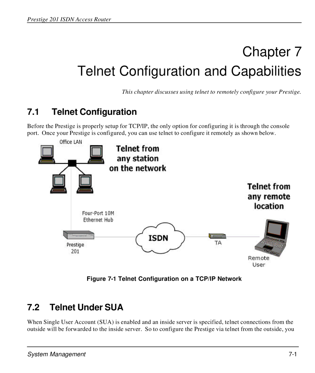 ZyXEL Communications P-202 manual Telnet Configuration and Capabilities, Telnet Under SUA, System Management 