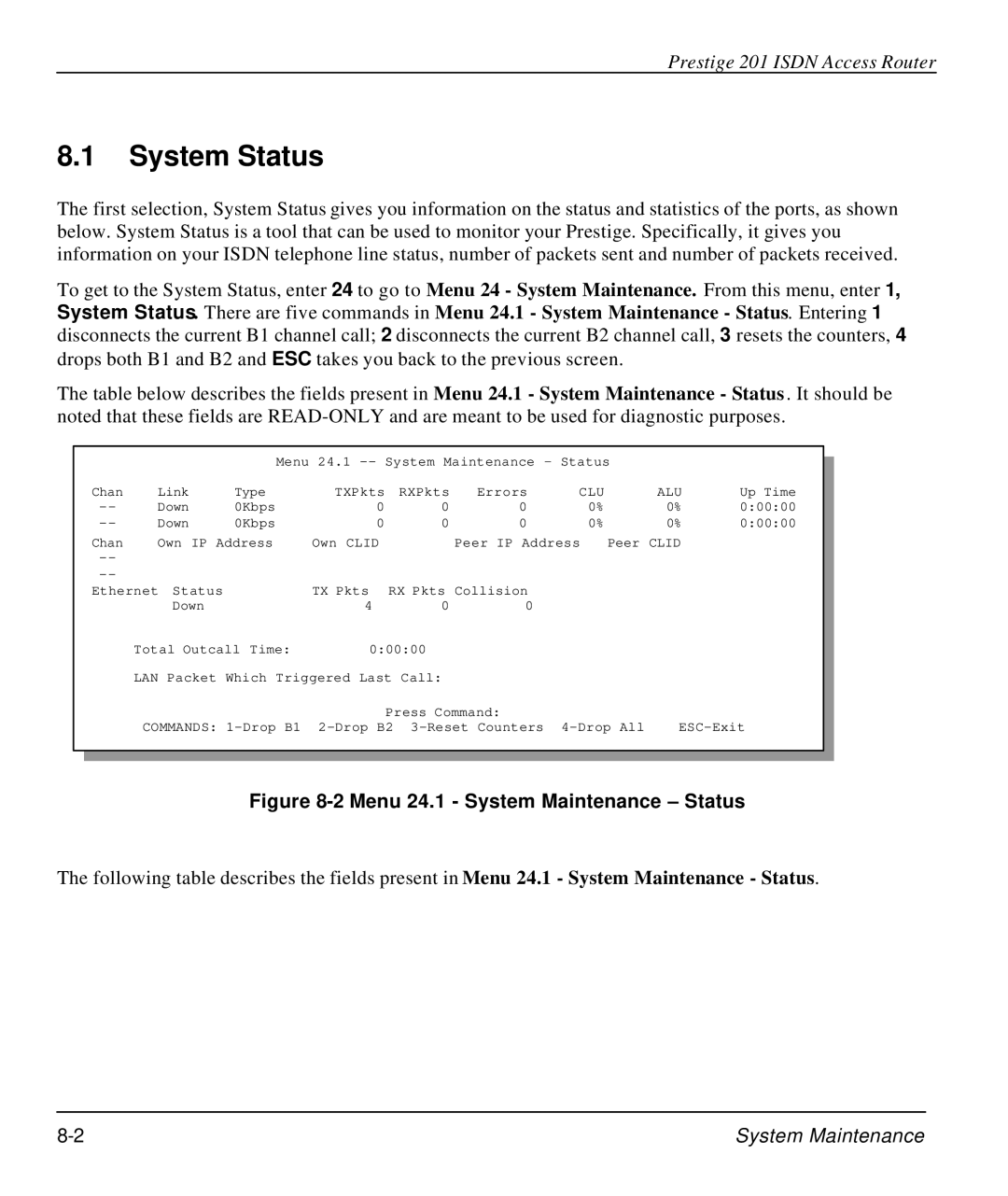 ZyXEL Communications P-202 manual System Status, Menu 24.1 System Maintenance Status 