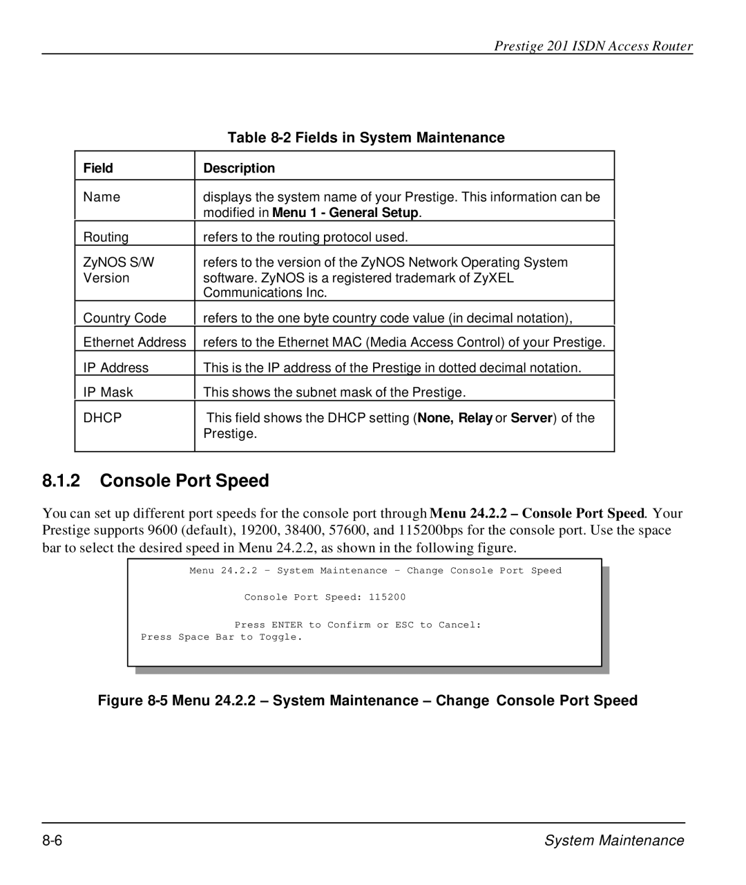 ZyXEL Communications P-202 manual Console Port Speed, Fields in System Maintenance, Modified in Menu 1 General Setup 