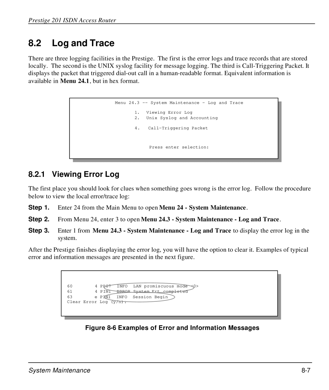 ZyXEL Communications P-202 manual Log and Trace, Viewing Error Log 