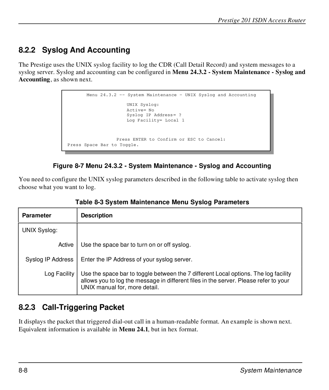 ZyXEL Communications P-202 manual Syslog And Accounting, Call-Triggering Packet, System Maintenance Menu Syslog Parameters 