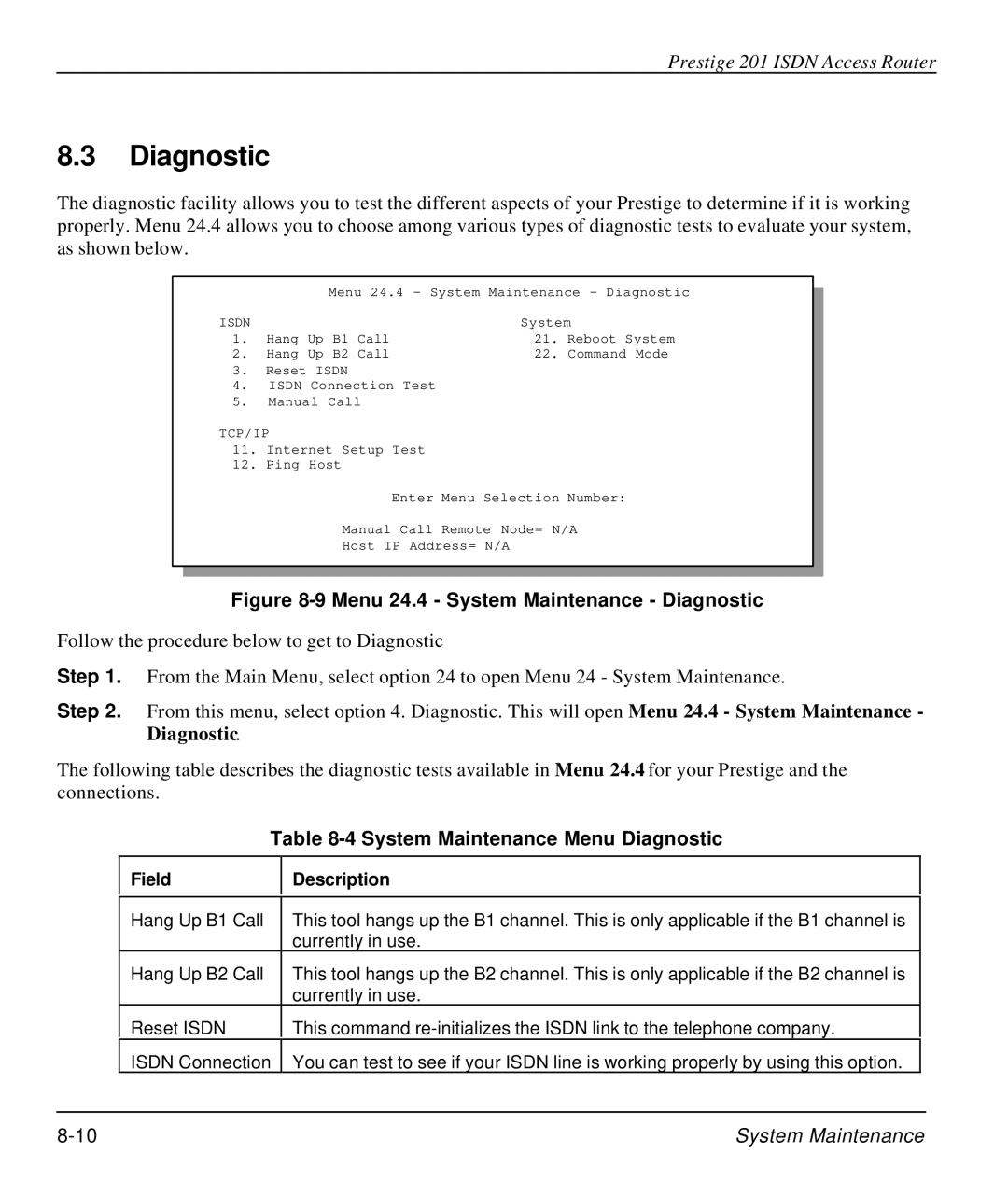 ZyXEL Communications P-202 manual System Maintenance Menu Diagnostic 