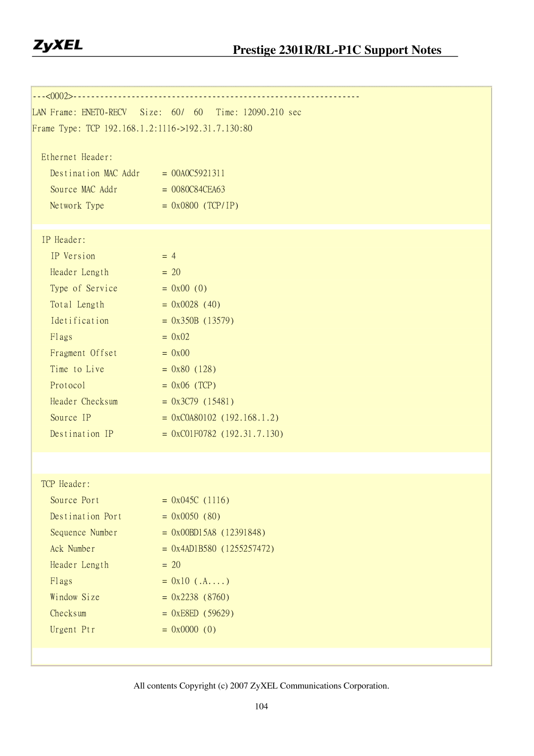 ZyXEL Communications P-2301R/RL-P1C manual 60/ 60 Time 12090.210 sec Frame Type TCP Ethernet Header 