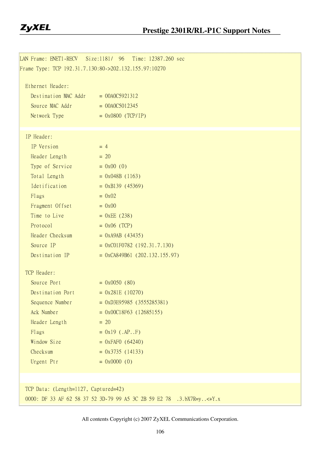 ZyXEL Communications P-2301R/RL-P1C manual LAN Frame ENET1-RECV 