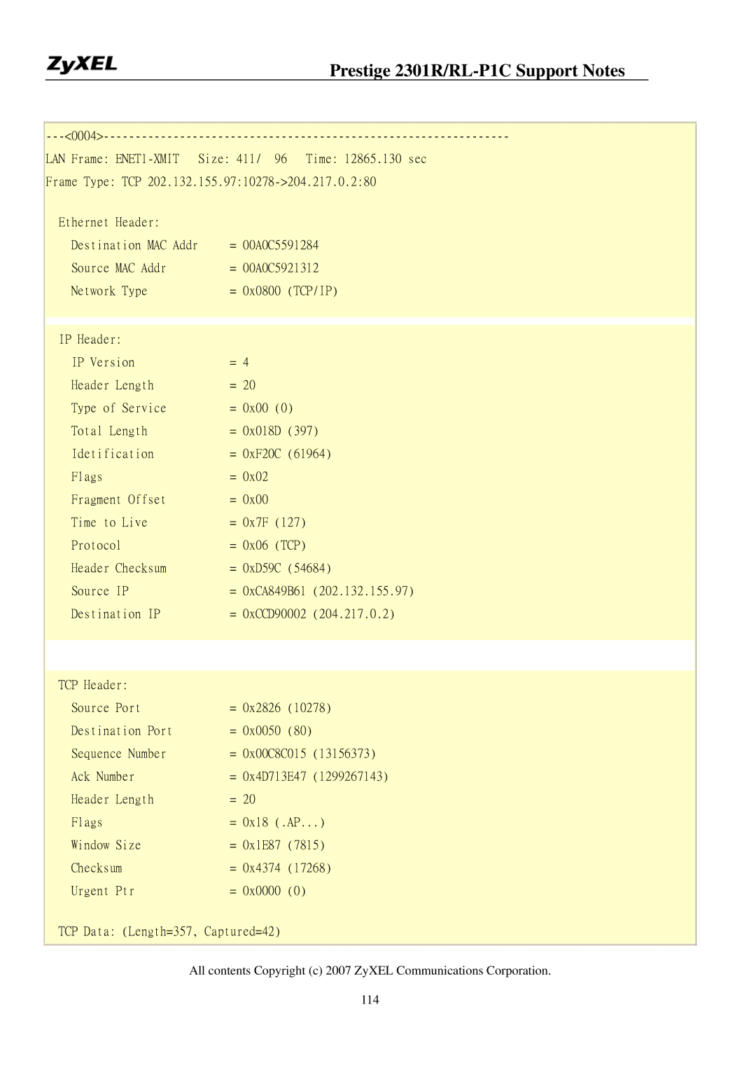 ZyXEL Communications P-2301R/RL-P1C manual LAN Frame ENET1-XMIT 