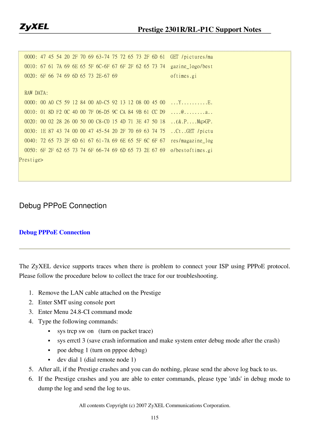 ZyXEL Communications P-2301R/RL-P1C manual Debug PPPoE Connection 