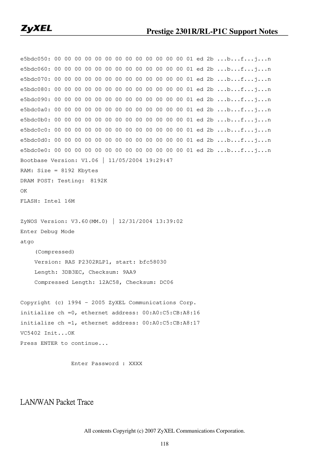 ZyXEL Communications P-2301R/RL-P1C manual LAN/WAN Packet Trace 