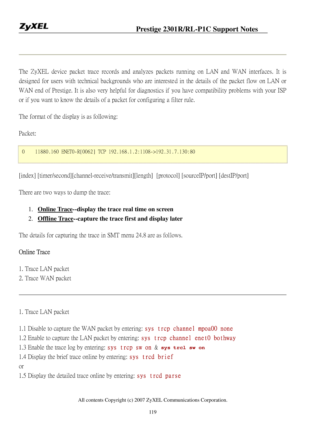 ZyXEL Communications P-2301R/RL-P1C manual Online Trace 