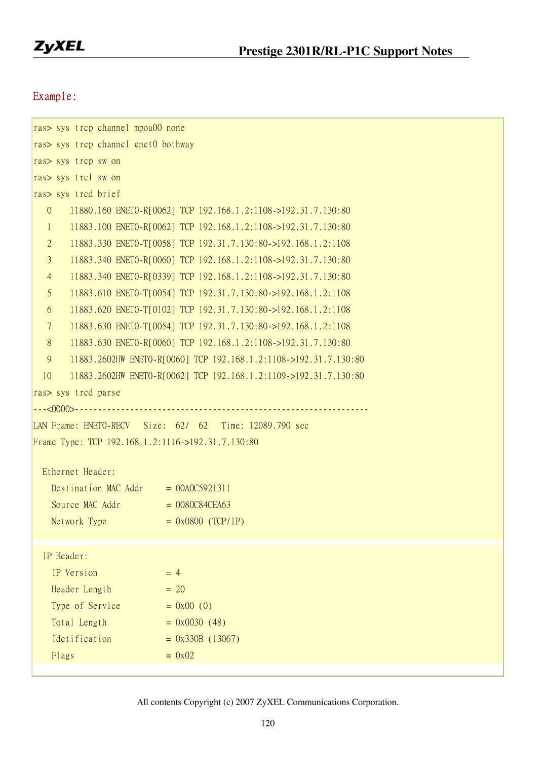 ZyXEL Communications P-2301R/RL-P1C manual Ras sys trcl sw on ras sys trcd brief 