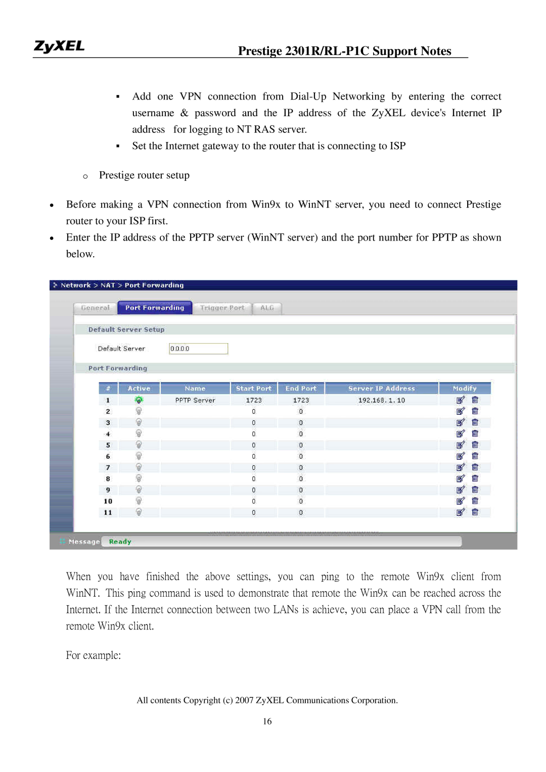 ZyXEL Communications P-2301R/RL-P1C manual Prestige 2301R/RL-P1C Support Notes 