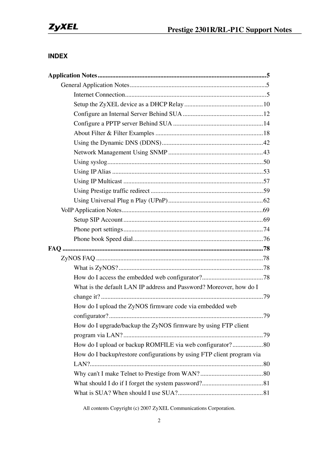 ZyXEL Communications P-2301R/RL-P1C manual Prestige 2301R/RL-P1C Support Notes 