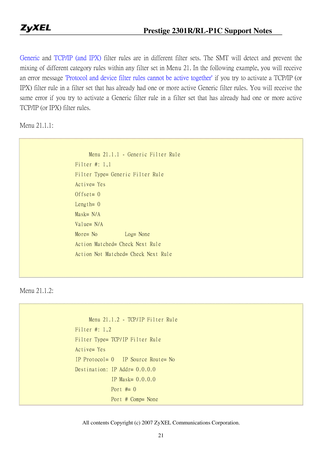 ZyXEL Communications P-2301R/RL-P1C manual Menu 