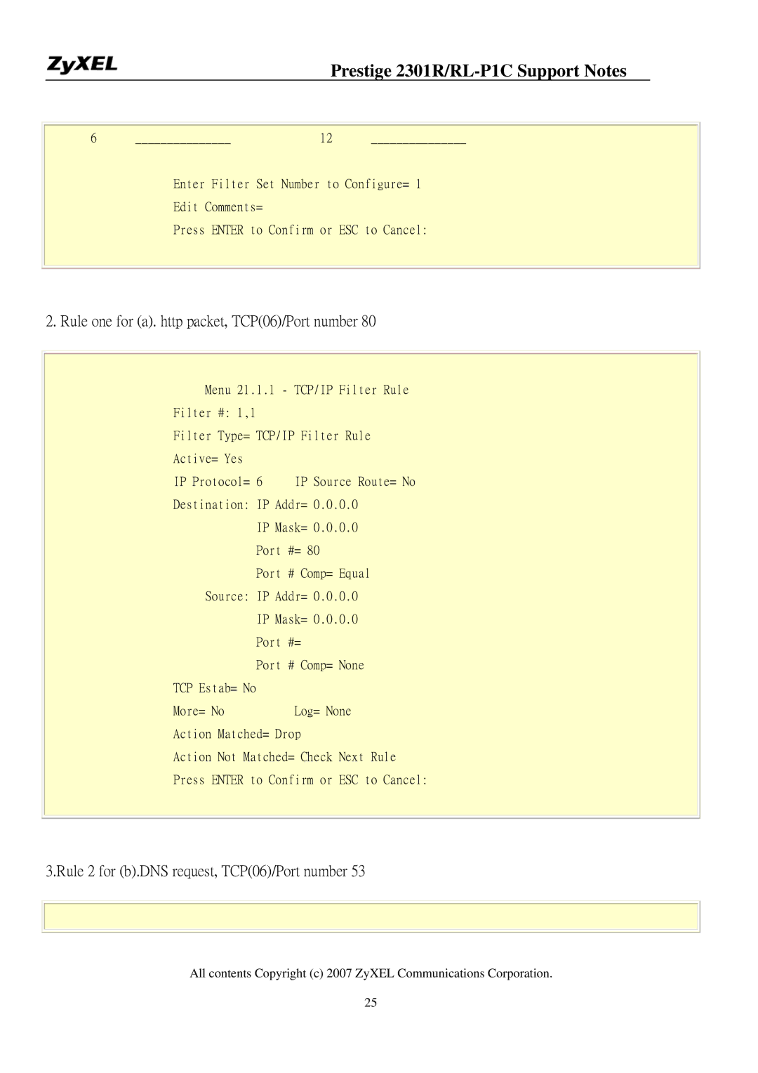 ZyXEL Communications P-2301R/RL-P1C manual Rule one for a. http packet, TCP06/Port number 