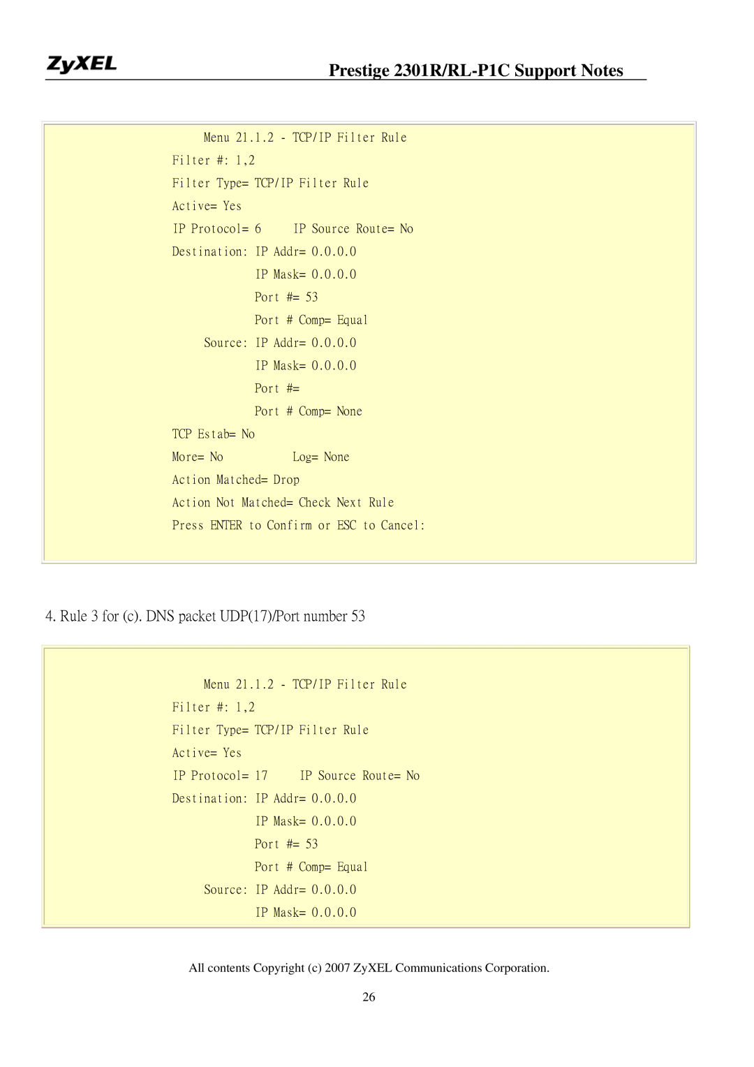 ZyXEL Communications P-2301R/RL-P1C manual Rule 3 for c. DNS packet UDP17/Port number 