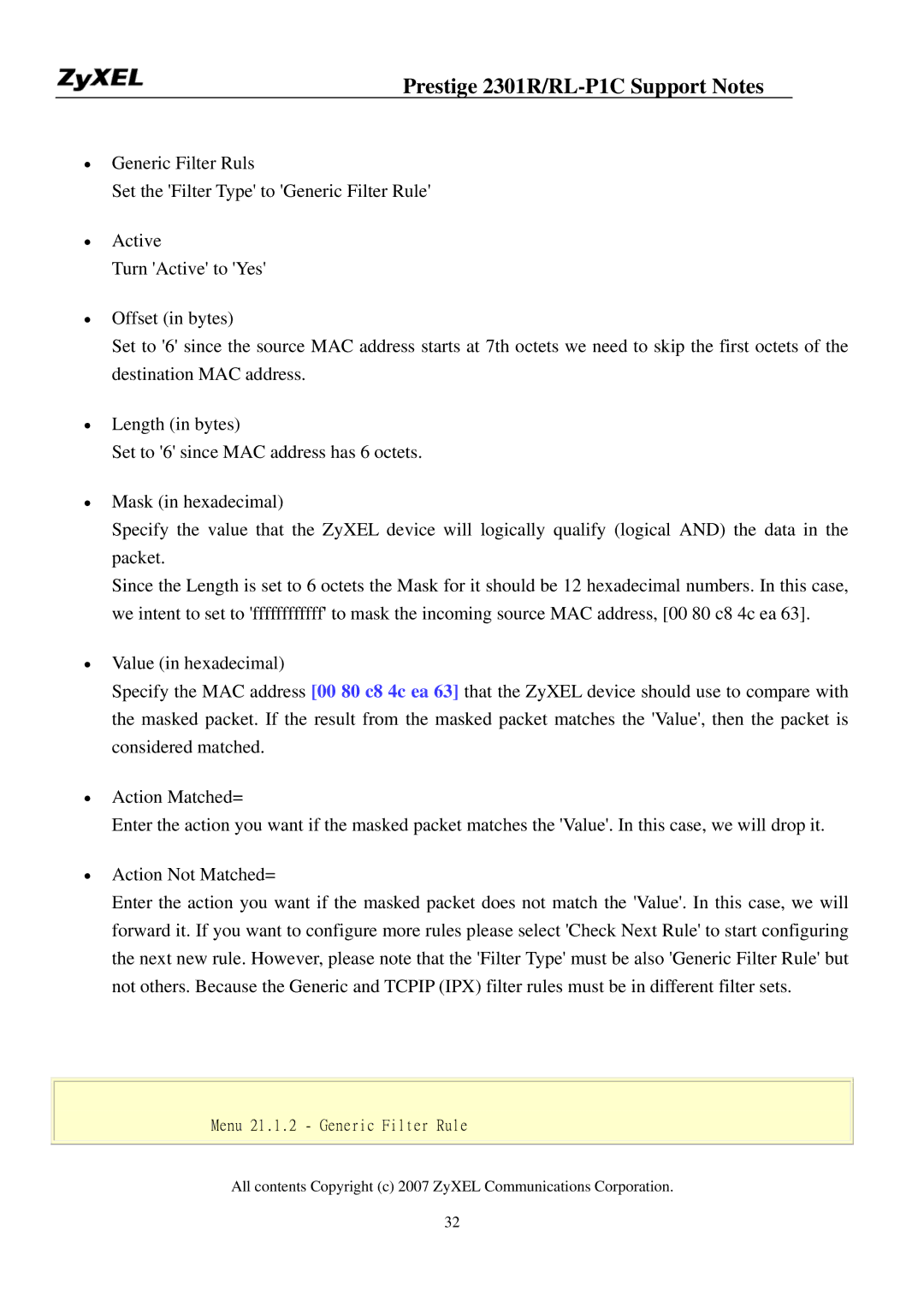 ZyXEL Communications P-2301R/RL-P1C manual Menu 21.1.2 Generic Filter Rule 