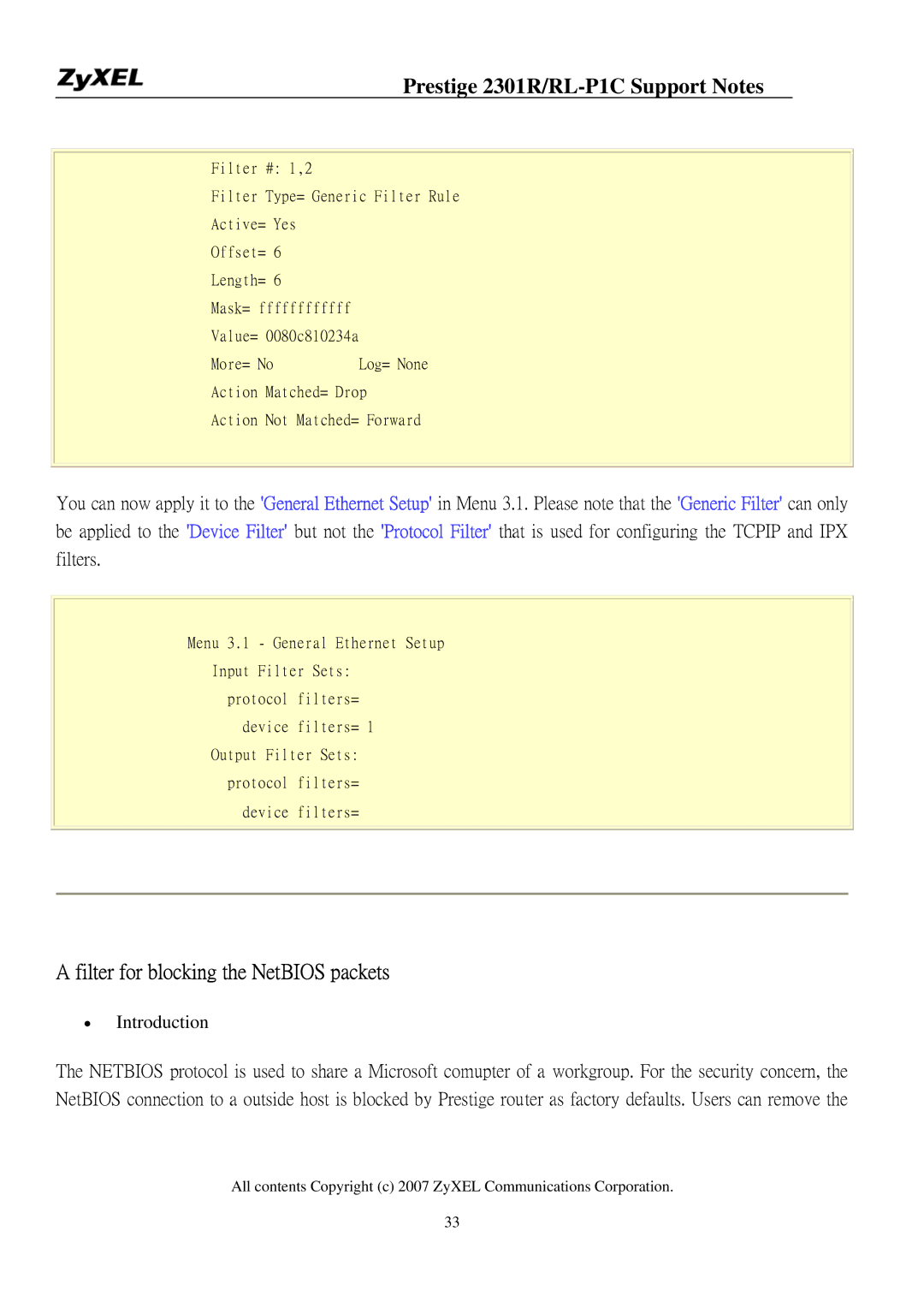 ZyXEL Communications P-2301R/RL-P1C manual Filter for blocking the NetBIOS packets 