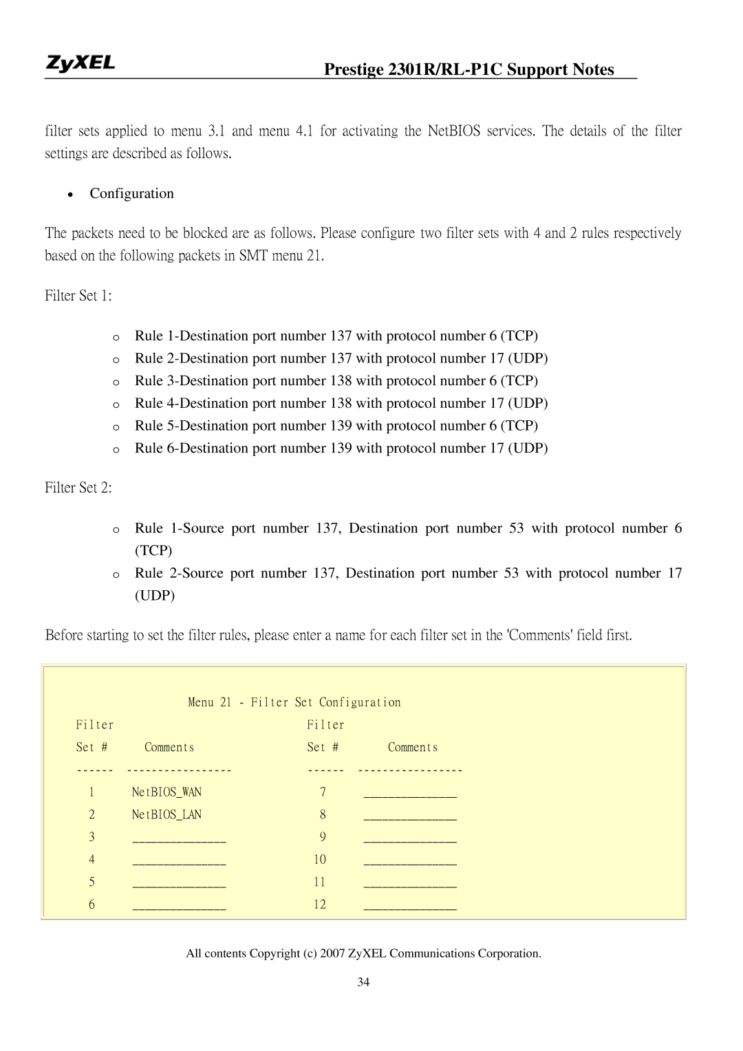 ZyXEL Communications P-2301R/RL-P1C manual Comments Set # NetBIOSWAN NetBIOSLAN 