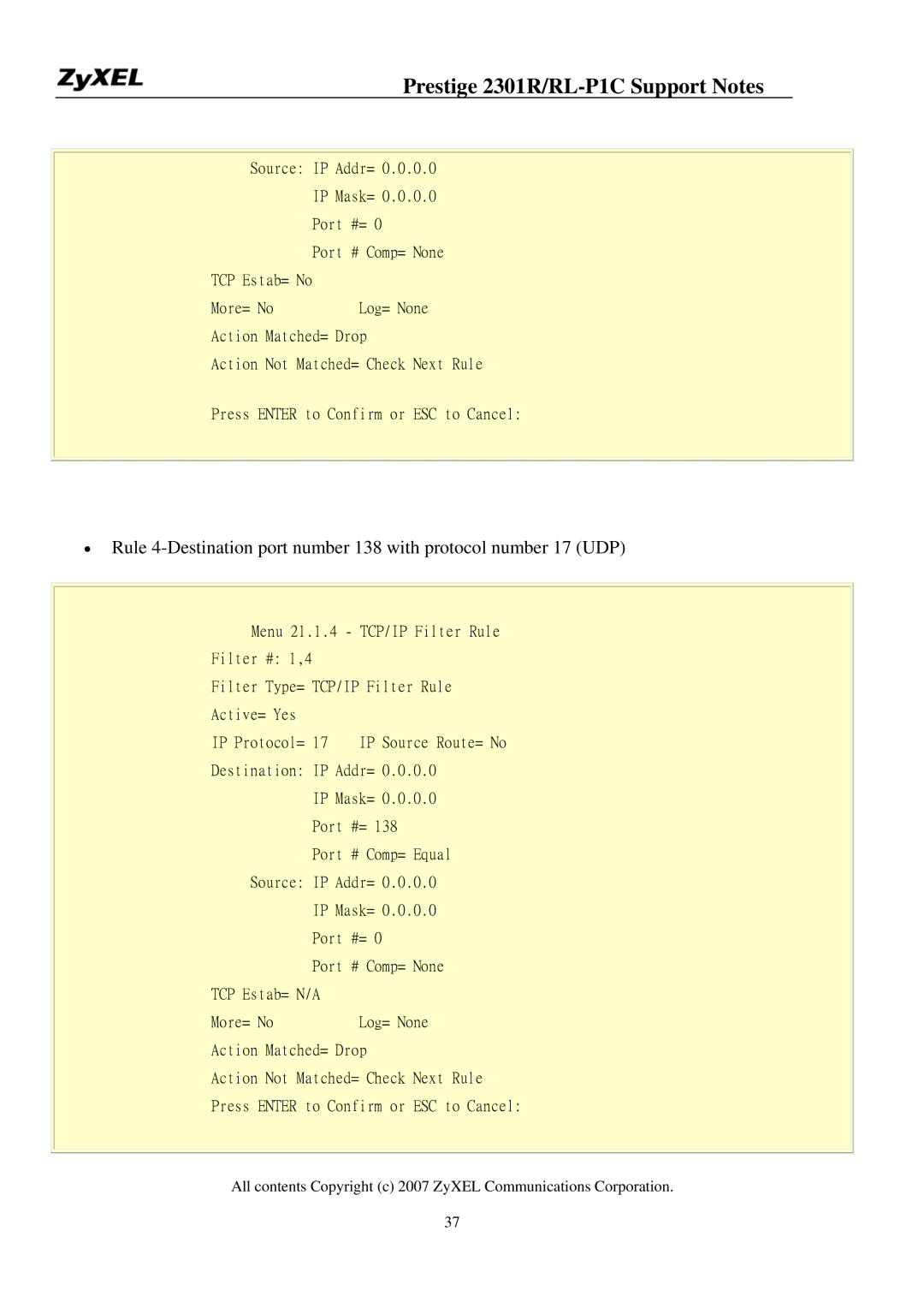 ZyXEL Communications P-2301R/RL-P1C manual Log= None 