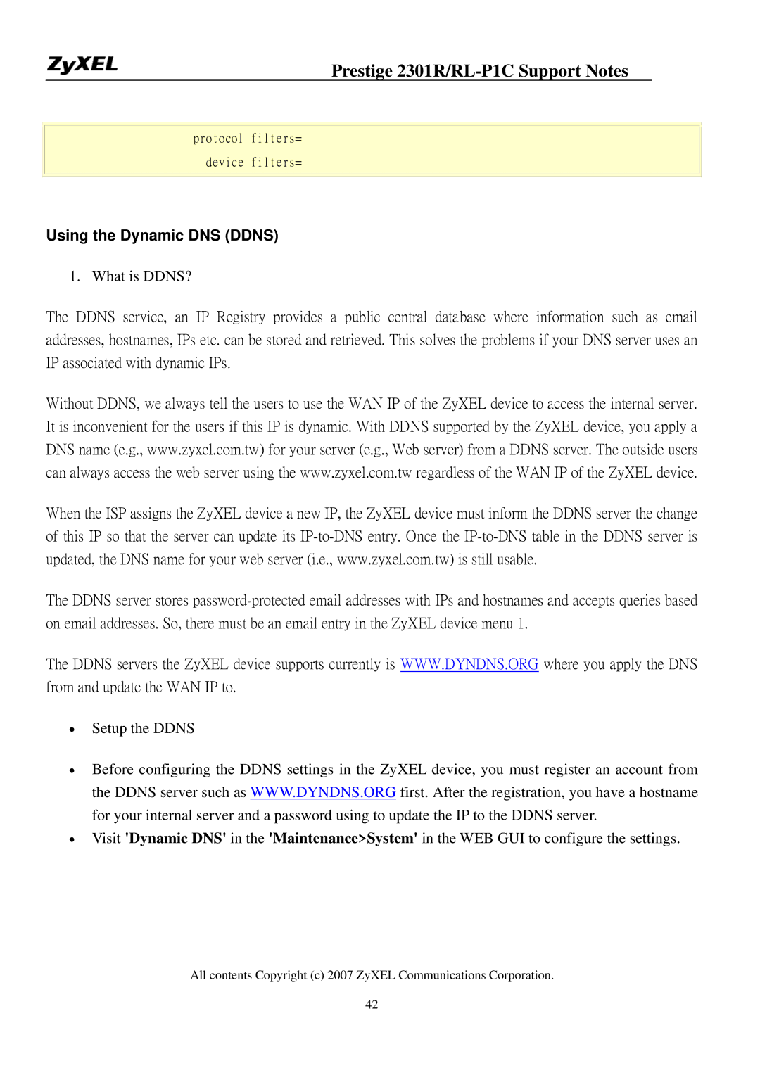 ZyXEL Communications P-2301R/RL-P1C manual Using the Dynamic DNS Ddns 