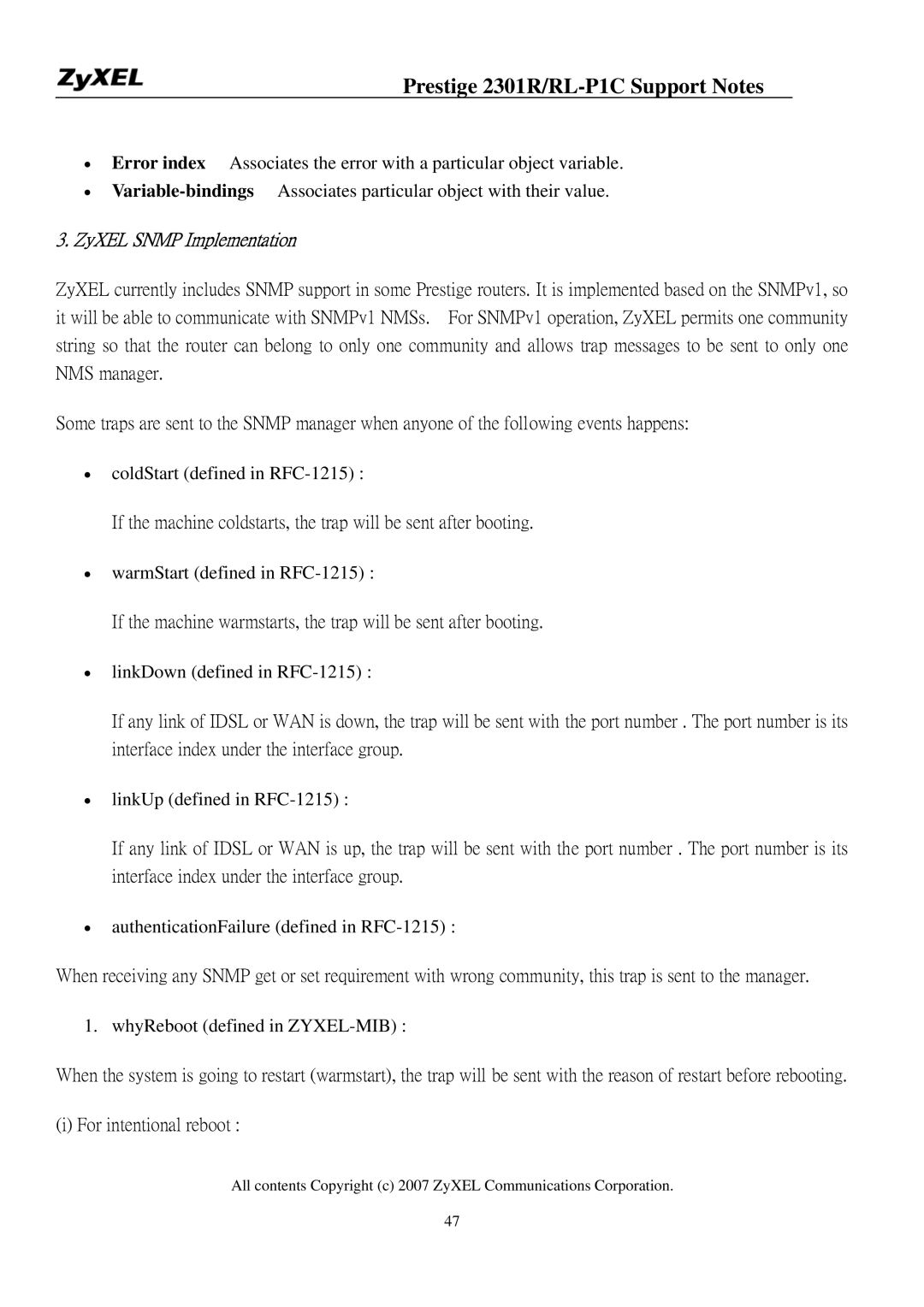 ZyXEL Communications P-2301R/RL-P1C manual ZyXEL Snmp Implementation, For intentional reboot 