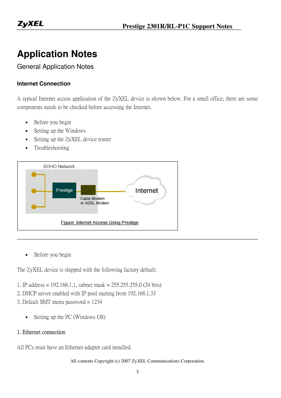 ZyXEL Communications P-2301R/RL-P1C manual Internet Connection, Ethernet connection 