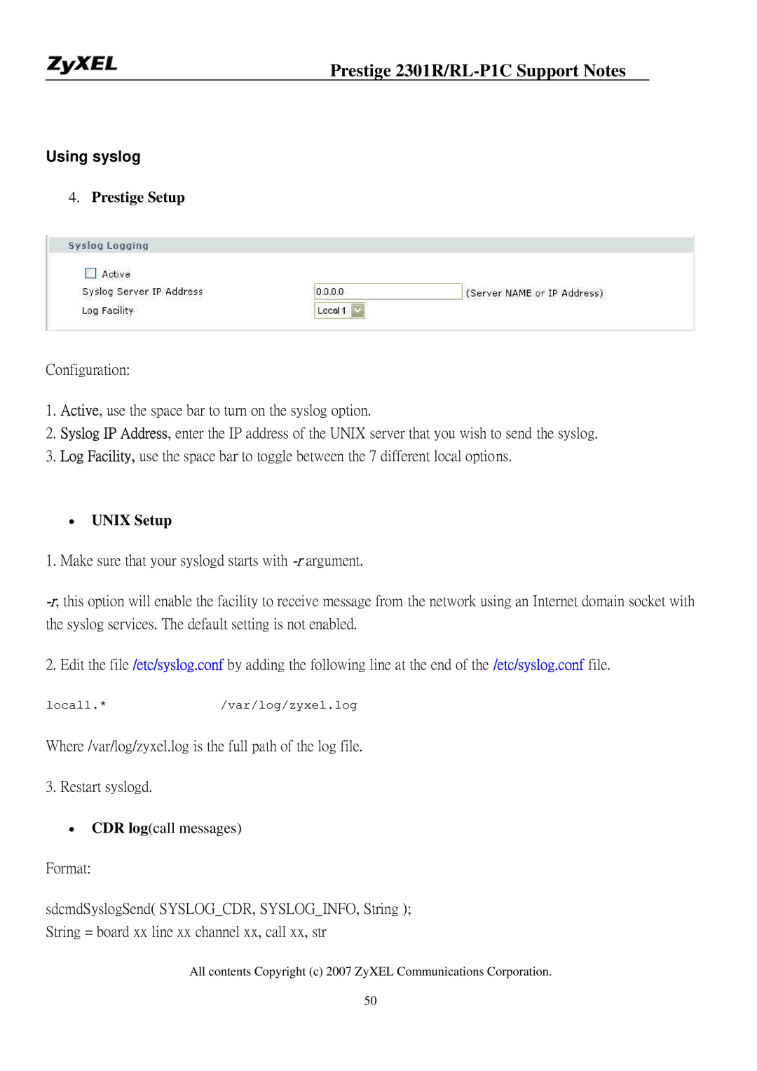 ZyXEL Communications P-2301R/RL-P1C manual Using syslog, Prestige Setup, Unix Setup 