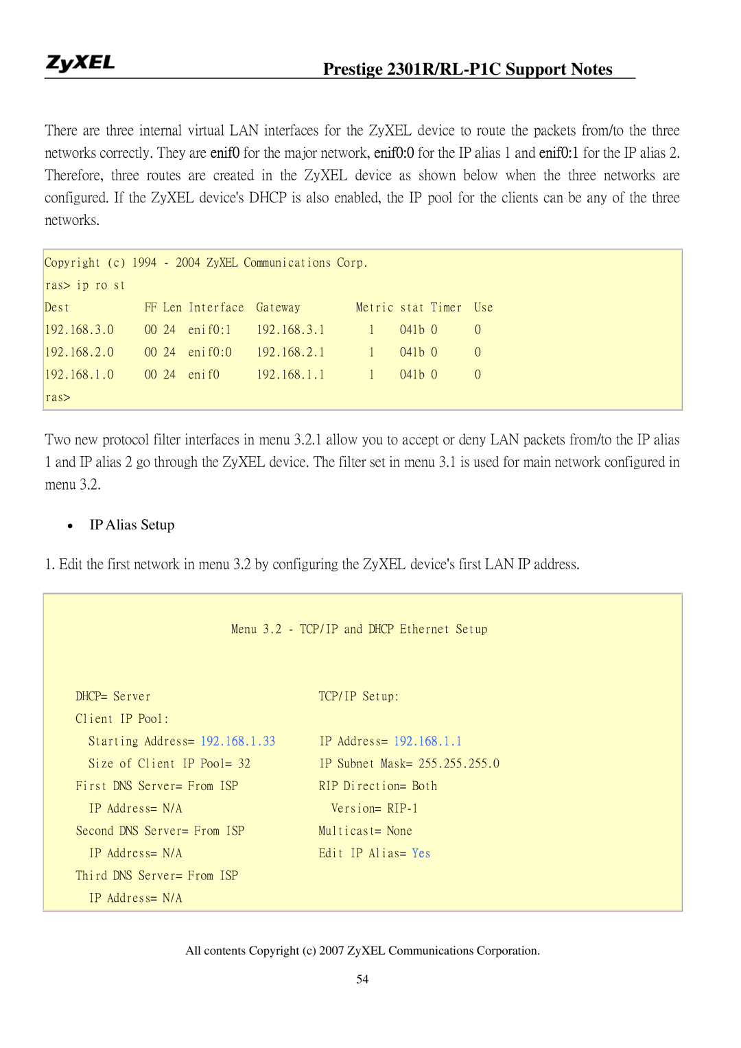 ZyXEL Communications P-2301R/RL-P1C manual IP Alias Setup 