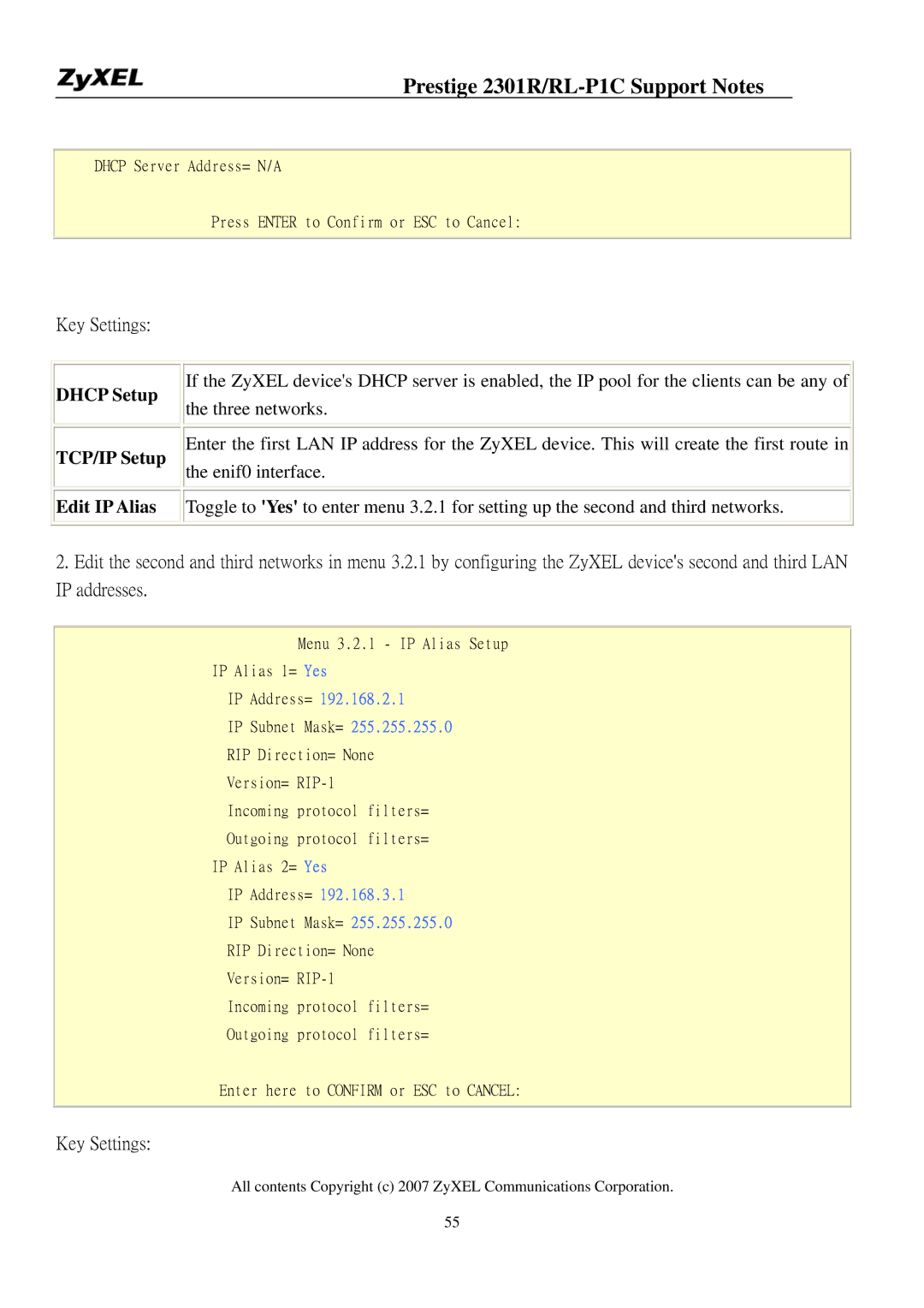 ZyXEL Communications P-2301R/RL-P1C manual Key Settings, Dhcp Setup TCP/IP Setup 