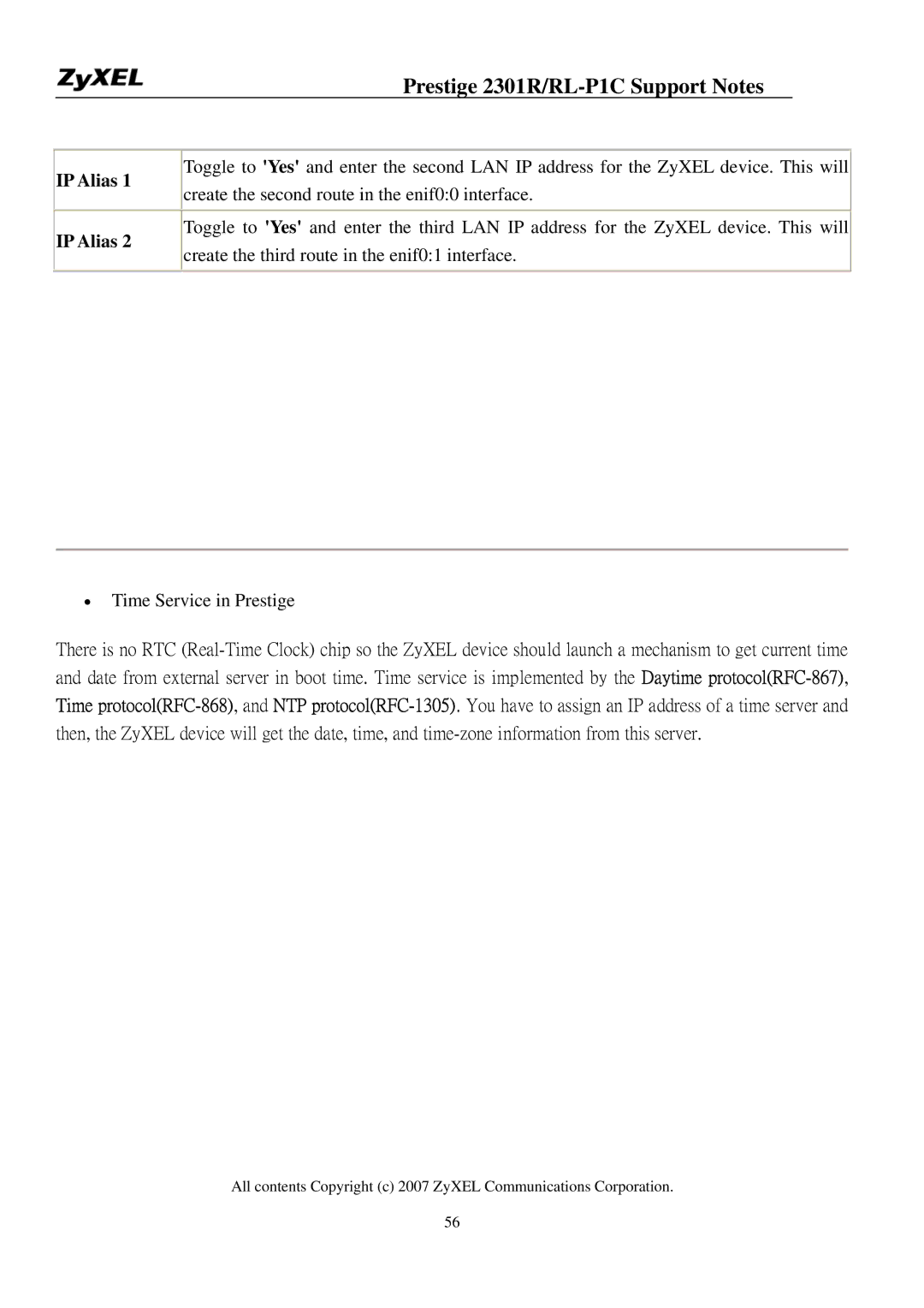 ZyXEL Communications P-2301R/RL-P1C manual IP Alias, Time Service in Prestige 