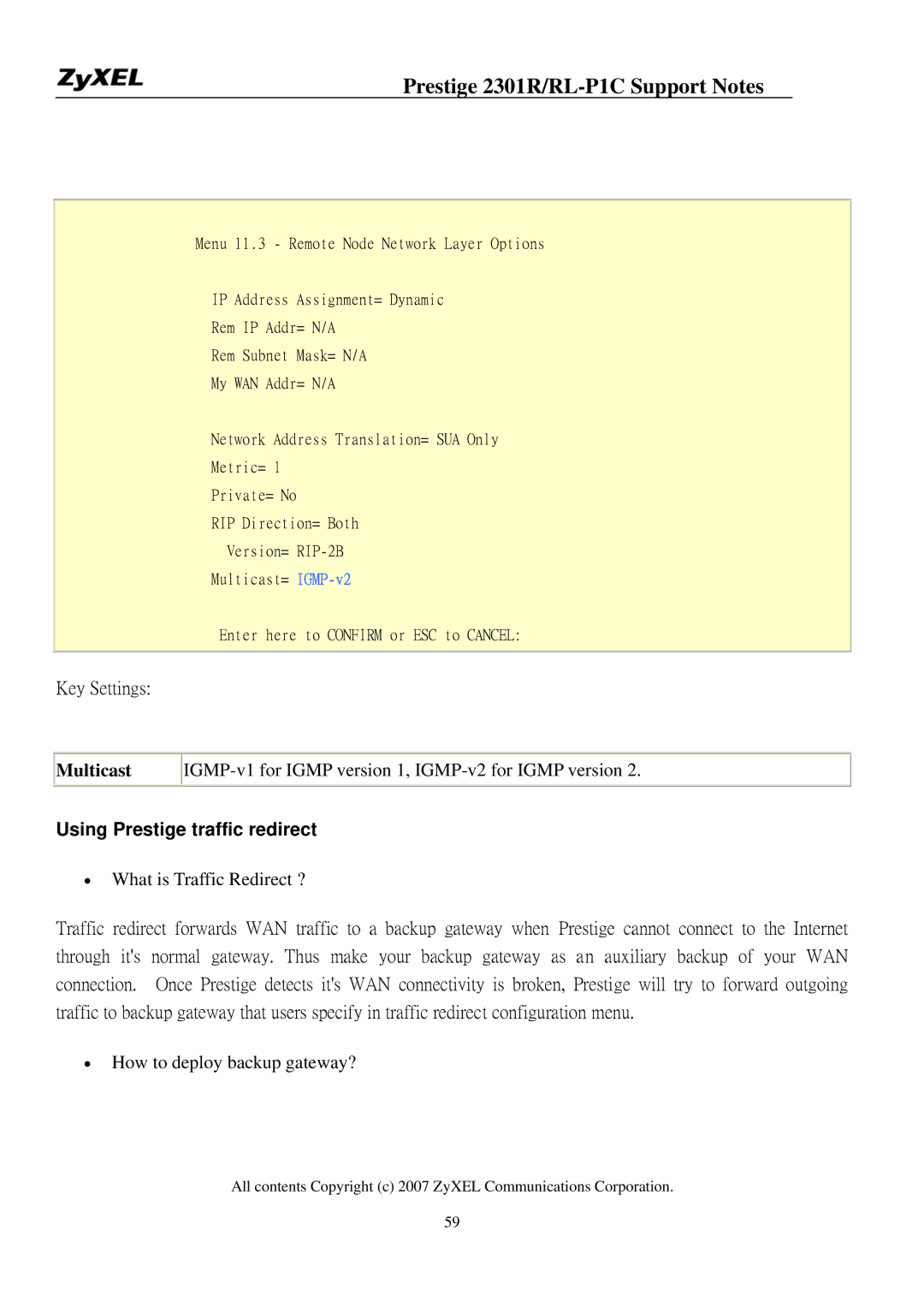 ZyXEL Communications P-2301R/RL-P1C manual Multicast, Using Prestige traffic redirect 