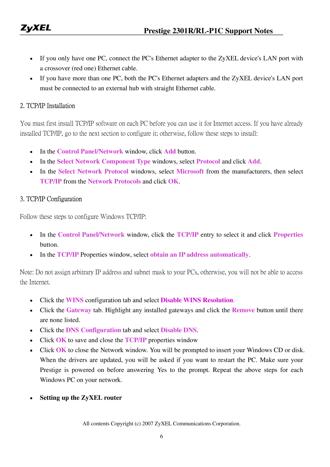 ZyXEL Communications P-2301R/RL-P1C manual TCP/IP Installation, TCP/IP Configuration, Setting up the ZyXEL router 