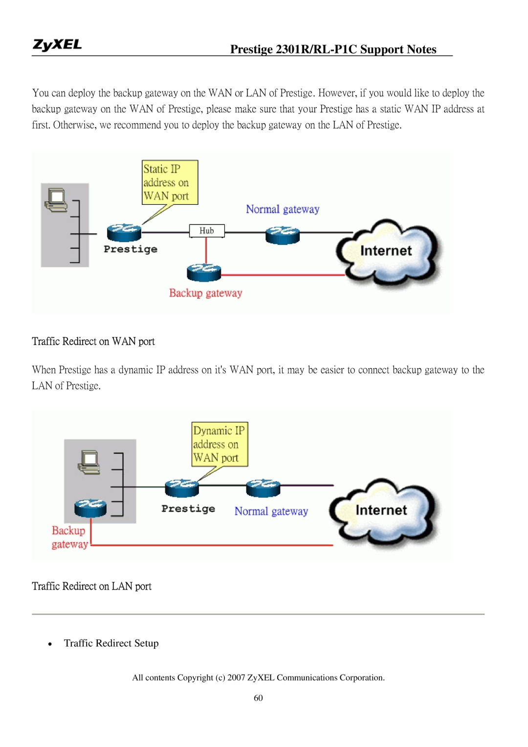 ZyXEL Communications P-2301R/RL-P1C manual Traffic Redirect on WAN port, Traffic Redirect on LAN port 